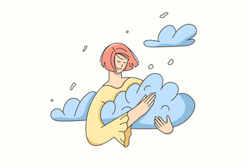 Girl hugging clouds illustration, female character feeling peaceful in flat design