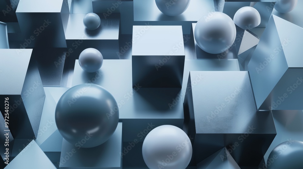 Poster 3d geometric shapes, including cubes, spheres, and pyramids, arranged meticulously to form a modern 