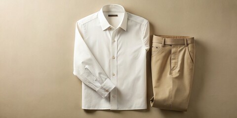 Crisp white button-down shirt paired with light beige casual pants, perfectly ironed and styled, set against a soft