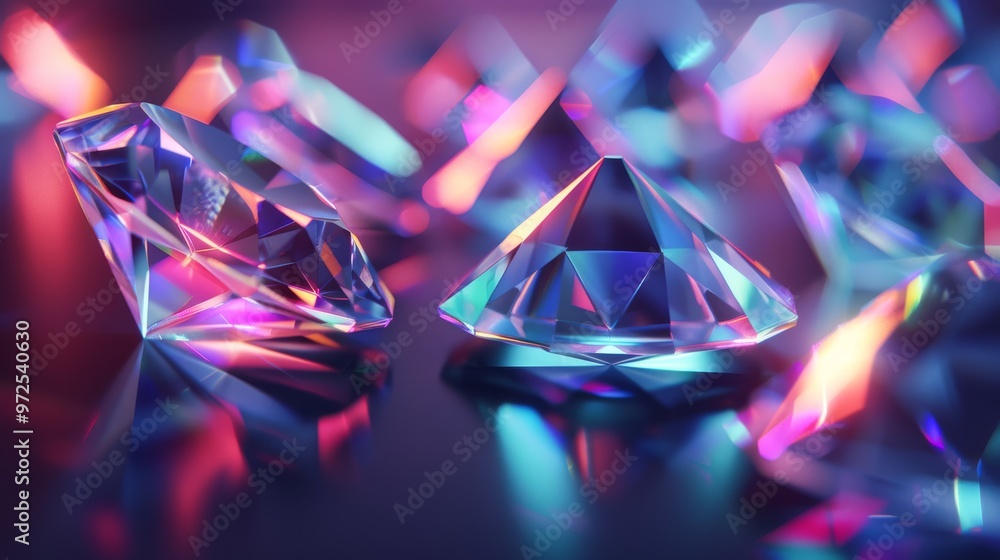 Poster 3D holographic shapes casting colorful reflections on a sleek, dark surface, giving a high-tech appearance. Close-up photo with clean background