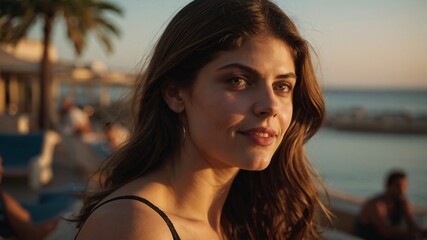 High-quality, color photograph featuring a young woman with long, wavy brown hair and fair skin