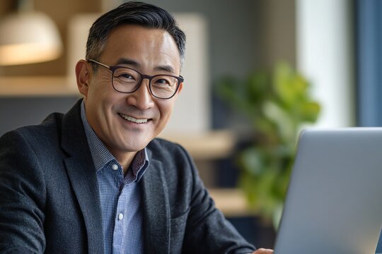 Happy mature middle aged professional business asian american man bank worker or hr manager, corporate executive looking away at work working on laptop computer in office thinking of business technolo