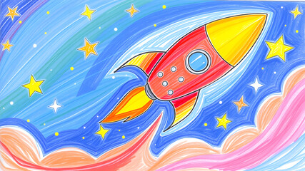 A colorful drawing of a rocket flying through a star-filled space. Generative AI