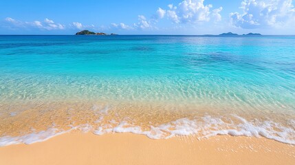 Crystal clear blue water laps against a sandy beach on a sunny day.