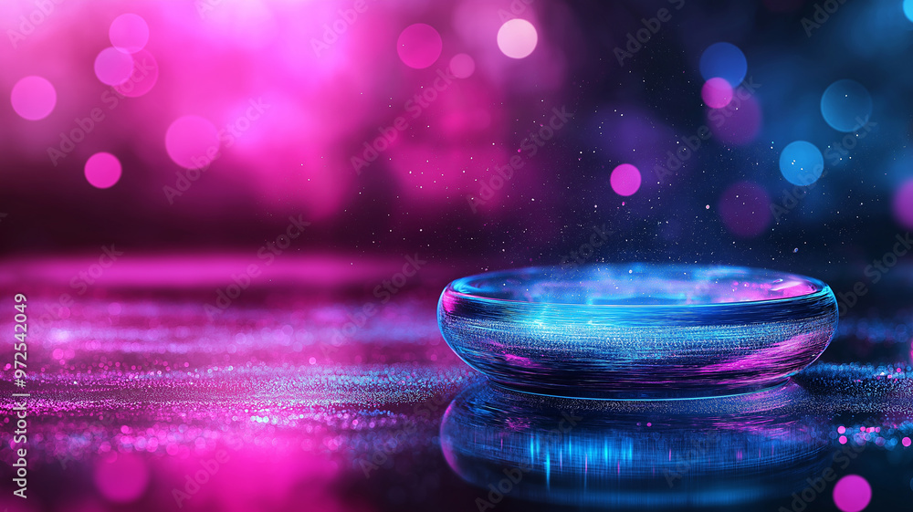 Poster abstract vibrant bokeh lights with shimmering circular platform
