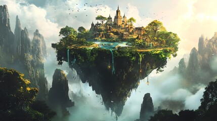 A magical floating island with a medieval village, lush greenery and a waterfall.