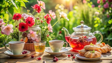 Tea time with glass teapot and cups, flowers, and pastries in a summer garden