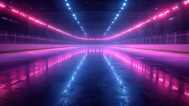 3d render virtual neon hockey rink top view sportive game playground pink blue glowing line over black background - Powered by Adobe