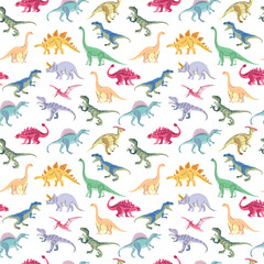 Seamless pattern with bright dinosaurs including T-rex, Brontosaurus, Triceratops, Velociraptor, Pteranodon, Allosaurus, etc. Isolated on white Trend illustration for kid