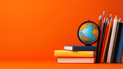 Fototapeta premium A globe, books, and pencils on an orange background.