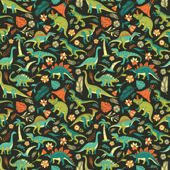 Seamless pattern with bright dinosaurs and green plants including T-rex, Brontosaurus, Triceratops, Velociraptor, Pteranodon, Allosaurus, etc. Isolated on dark background