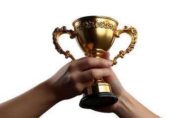 Human hand holding golden trophy cup on white background.