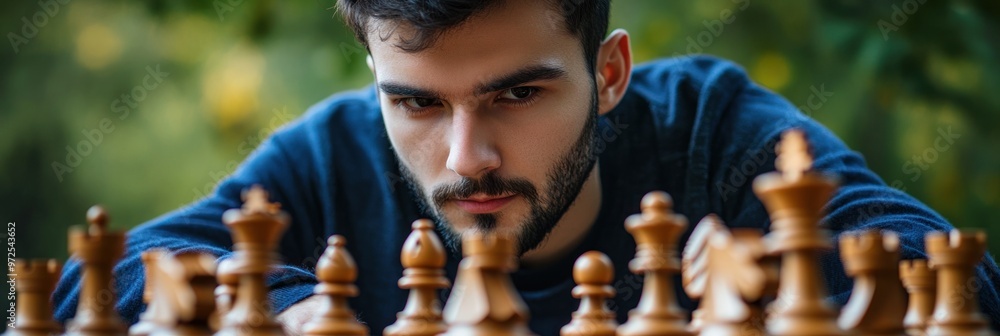 Poster A focused individual contemplating a chess game with wooden pieces on a board.