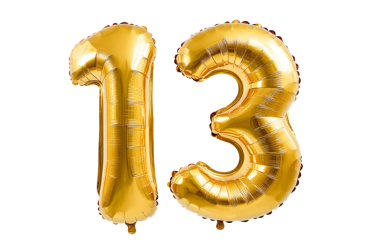 Balloon in the shape of the number 13. Gold colored balloons. On background transparent