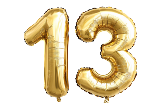 Balloon in the shape of the number 13. Gold colored balloons. On background transparent