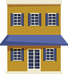 Illustration of a charming two storey yellow building with a blue awning, perfect for representing a small business or shop