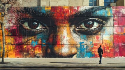 A vibrant mural featuring expressive eyes on a city wall.