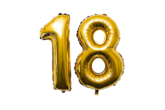 Balloon in the shape of the number 18. Gold colored balloons. On background transparent