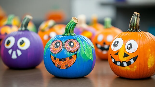 Colorful painted pumpkins decorated with shiny stickers, perfect for a Halloween art class.