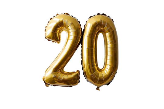 Balloon in the shape of the number 20. Gold colored balloons. On background transparent