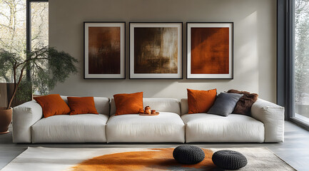 “Three Blank Frames Hanging on the Wall Above a Sofa in a Modern Living Room, Ready for Custom Artwork”
