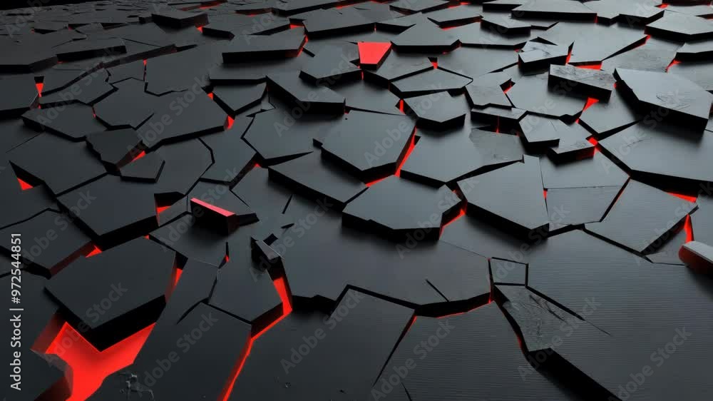 Poster abstract background of black hexagon tiles with glowing red cracks. futuristic 3d rendered surface p