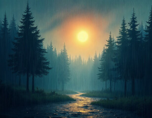 Fototapeta premium Concept photo of rainy day with sun, landscape background 