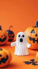 Funny Halloween ghost and Halloween pumpkins with space for text over orange background. Halloween concept background