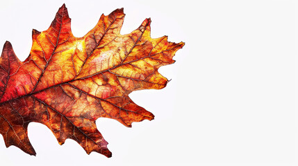Obraz premium Aesthetic oak leaf with vibrant autumn colors, copy space, white background, presentation template. Generative AI
