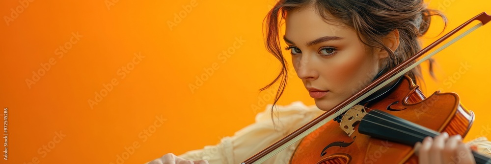 Poster A young woman playing the violin against a vibrant orange background.