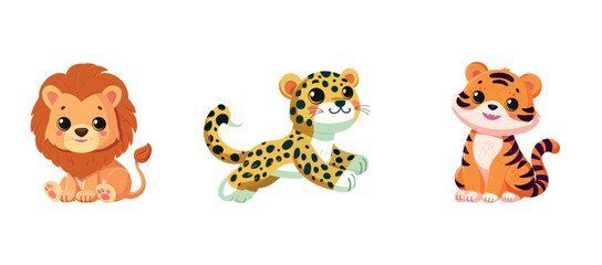 Vector  tiger lion jaguar isolated on white background big cats set  cute childish  cartoon illustration Flat design element