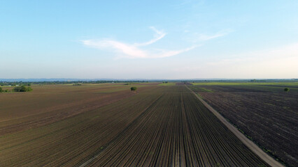 plowed field in spring in Vojvodina, drone photography