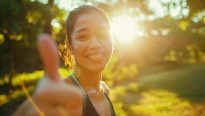 Athletic woman runner exercising outdoors and giving a thumbs up, with her smiling face. Fitness and exercise with success and personal achievement. Reaching a goal and getting to the top