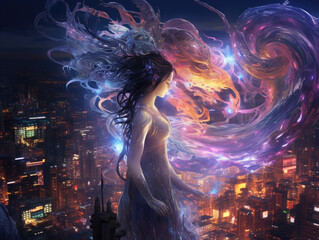 Woman in Cityscape with Glowing Abstract