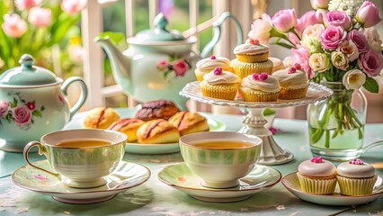Fototapeta premium Floral Tea Set with Cupcakes, Pastel Garden Tea Party