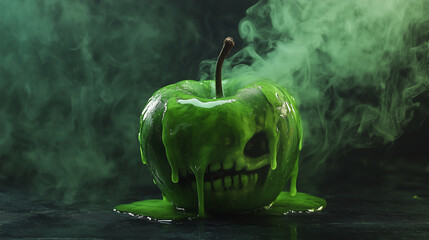 Poisonous green apple with green poison oozing, skull green apple