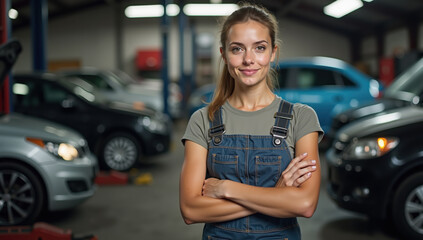 Smiling female mechanic standing confidently in a vehicle repair workshop with cars around