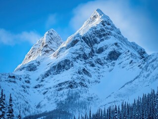 Obraz premium Snow-capped mountain peaks under a clear blue sky, showcasing a serene winter landscape.