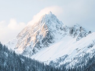 Majestic snow-capped mountain surrounded by evergreen trees under a soft sky.
