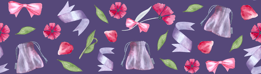 A pouch, satin ribbon, a petal, pink flower head watercolor seamless border on purple background. Perfect for tape, packaging, gifts, websites, cards, posters, frames, banners, mother's day design