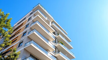 Modern apartment building with balconies against a blue sky.