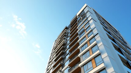 Modern apartment building with balconies and large windows against a blue sky.