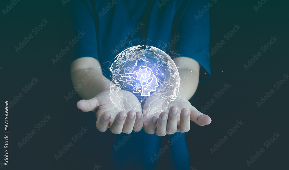 Aufkleber ai, artificial intelligence technology, digital transormation. businessman hold ai icon on hand. con