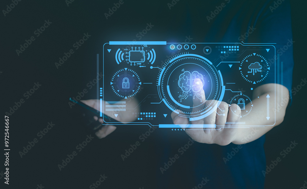 Poster ai, artificial intelligence technology, digital transormation. businessman hold ai icon on hand. con