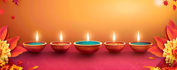 Burning diya lamps on pink surface with orange background, surrounded by yellow and orange flowers. Banner with copy space. Indian celebration concept, Diwali holiday, indian New Year
