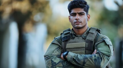 Fototapeta premium Proud Indian Soldier In Military Uniform Standing Outdoors in Nature, Reflecting Strength and Confidence