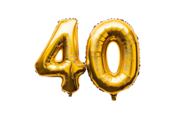 Balloon in the shape of the number 40. Gold colored balloons. On background transparent