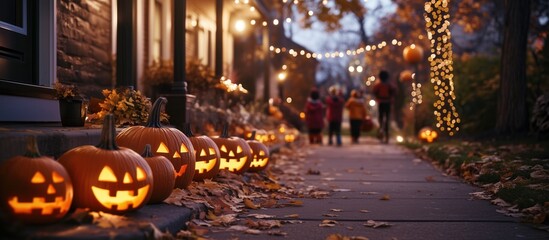 A Halloween-themed street decorated with glowing pumpkins and lights, as trick-or-treaters walk by.