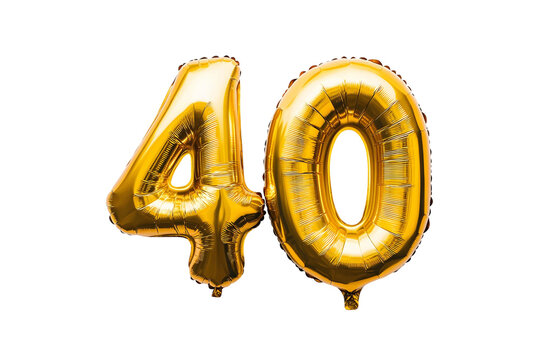 Balloon in the shape of the number 40. Gold colored balloons. On background transparent
