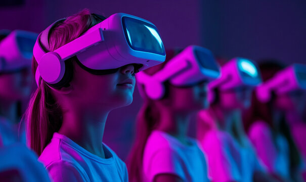 Children in an illuminated classroom wearing white VR headsets, experiencing virtual reality with focused expressions. room is bathed in vibrant pink and blue lighting, creating futuristic atmosphere